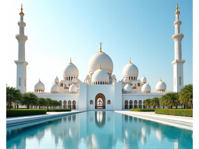 Sheikh Zayed Grand Mosque in Abu Dhabi under a clear sky