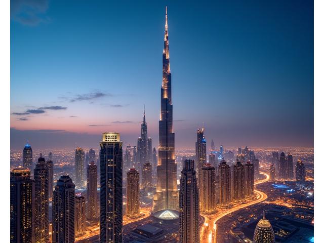Burj Khalifa towering over the shimmering Dubai skyline at dusk