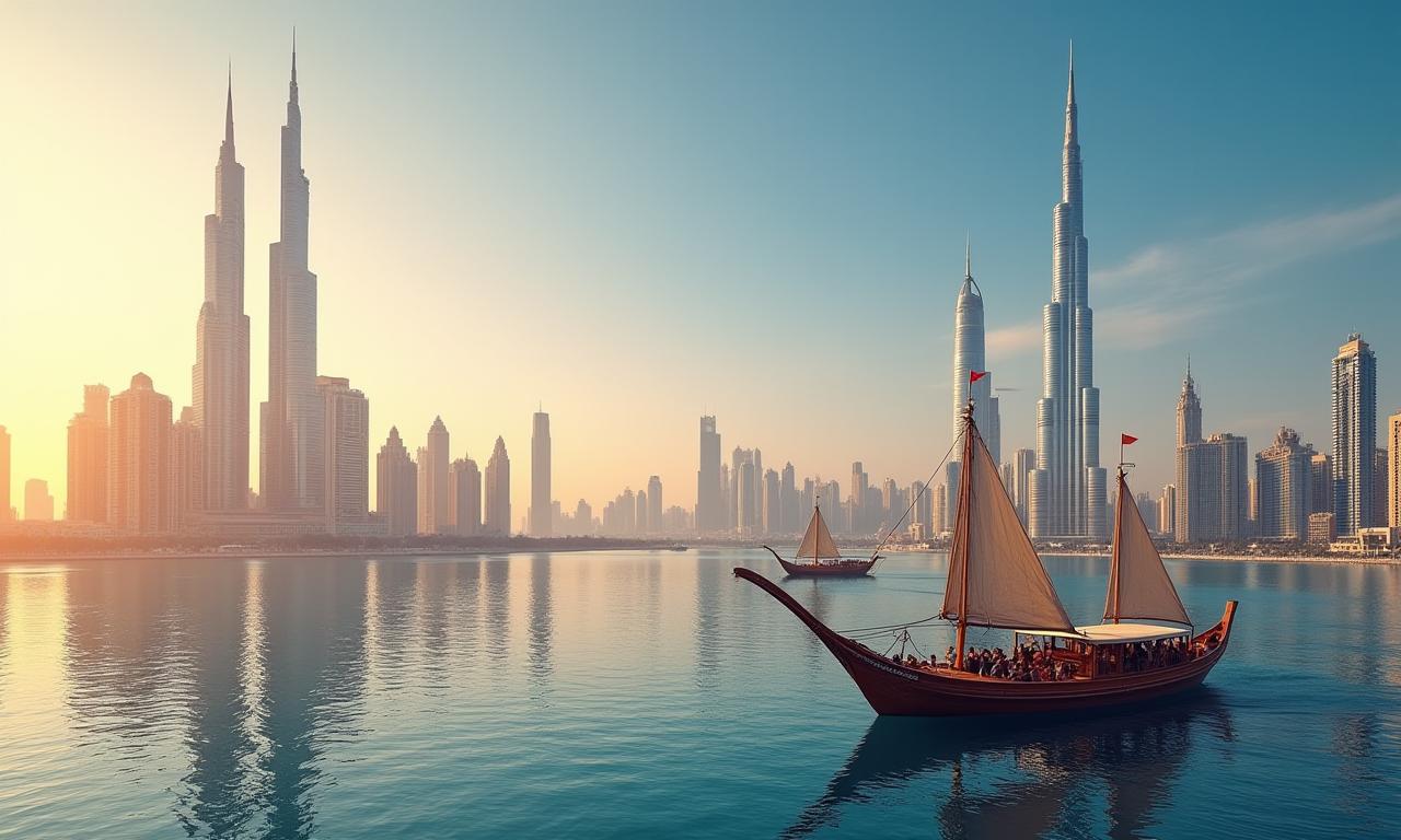 Panoramic view of iconic UAE landmarks including modern skyscrapers and traditional dhow boats, symbolizing the blend of tradition and modernity.