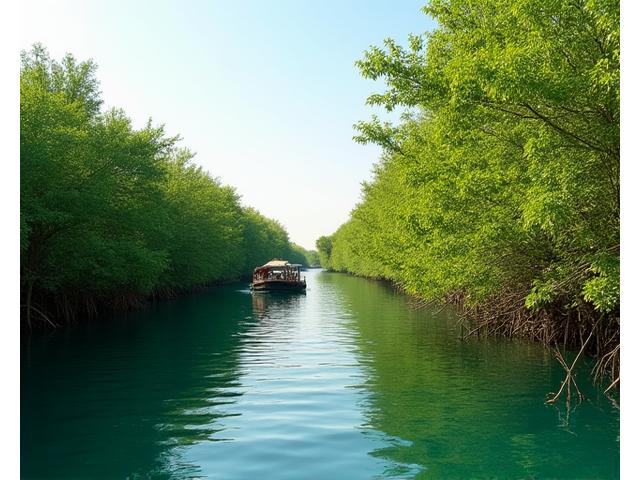 Lush green mangroves and calm waters in Umm Al Quwain, ideal for nature explorers