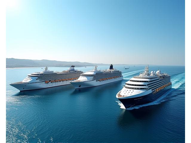 Different luxury cruise ships sailing side by side in the Arabian Gulf, under a clear blue sky.