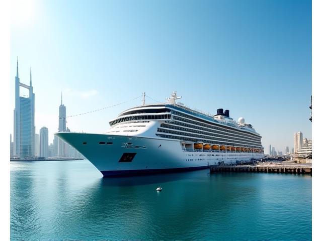 Large cruise ship docked at Mina Rashid port in Dubai, with the city skyline in the background.