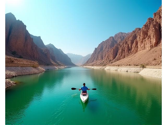 Kayaker on the serene waters of Hatta Dam, surrounded by rugged Hajar mountains under a clear blue sky.