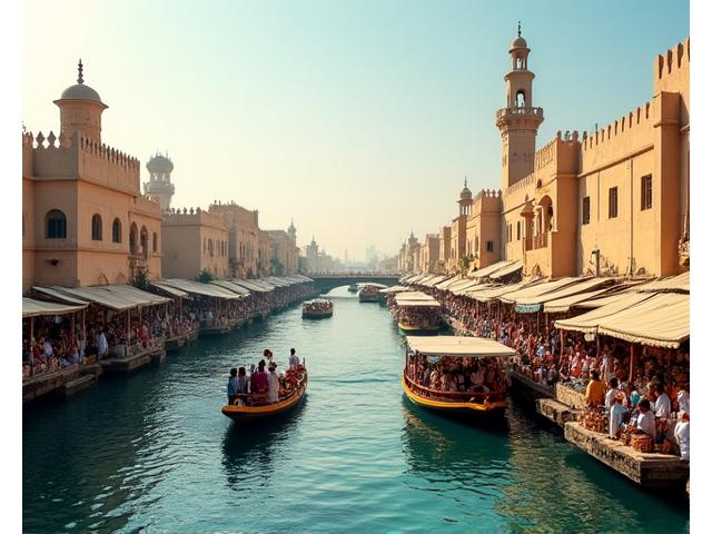 Traditional Abra boats on Dubai Creek with historic buildings and souks in the background, showing Old Dubai.