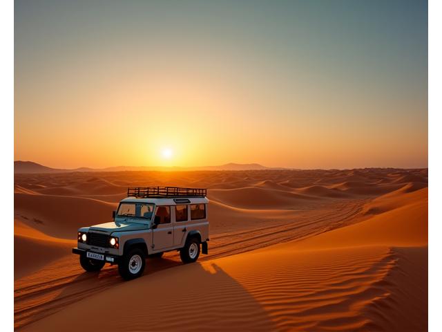 Luxury desert safari experience at sunset, with a pristine dune landscape and a vintage Land Rover.