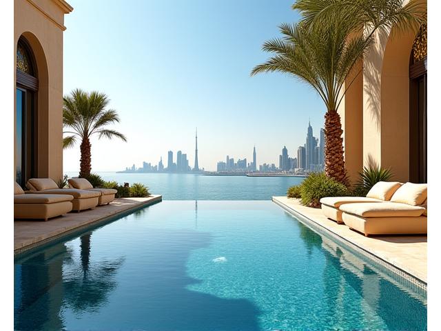 Opulent 5-star hotel in Dubai with a infinity pool overlooking the city skyline.