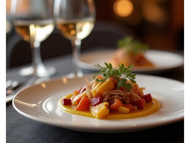 Exquisitely plated gourmet meal in a high-end restaurant, depicting luxury dining.