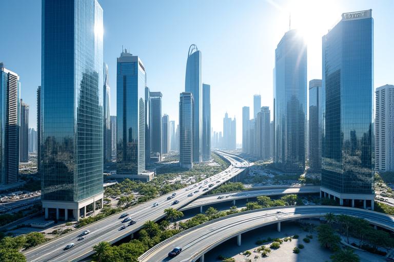 A modern, sleek business district in Dubai with towering skyscrapers against a clear blue sky, representing business travel.