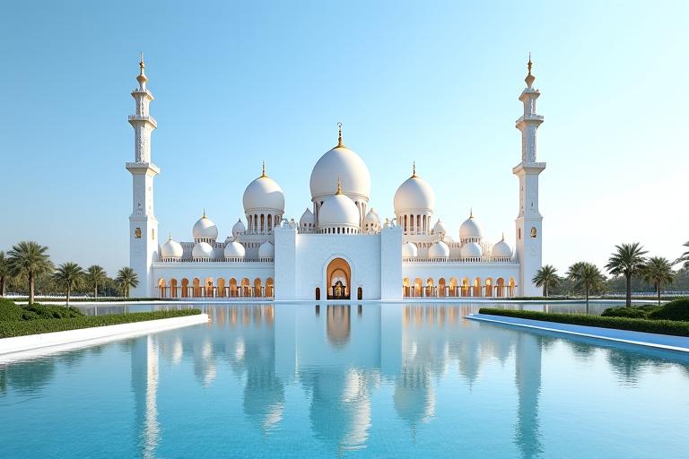 The magnificent Sheikh Zayed Grand Mosque in Abu Dhabi, showcasing its stunning white marble architecture and minarets.