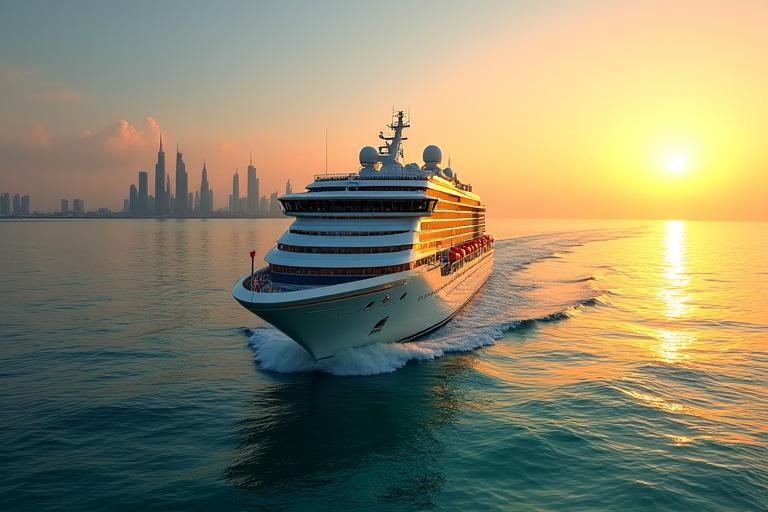 A grand cruise ship sailing on the calm Arabian Gulf waters at sunset, with a city skyline in the distance.