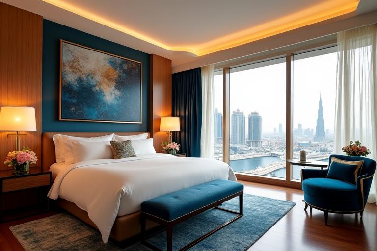 Opulent hotel suite with a panoramic city view, symbolizing luxury stays in UAE.